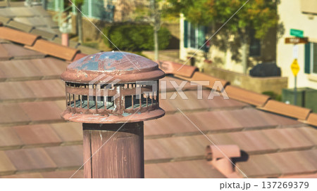 Residential Chimney Cap Close Up with Suburban Neighborhood and Rooftop View Residential Chimney Cap Close Up with Suburban Neighborhood and Rooftop View 137269379
