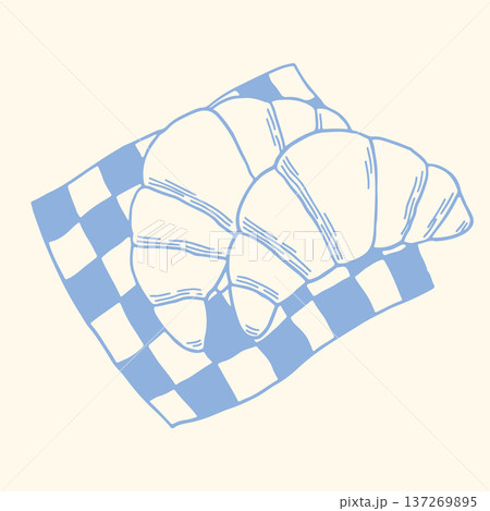 French croissant on checkered cloth in modern blue outline style. Hand drawn bakery vector illustration for breakfast menu, cafe branding, pastry packaging and gourmet food design 137269895