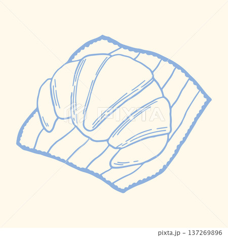 Hand drawn croissant on napkin in minimalist blue line style. French bakery pastry vector illustration ideal for cafe menu, breakfast branding, packaging, bakery logo and food print design Hand drawn croissant on napkin in minimalist blue line style. French bakery pastry vector illustration ideal for cafe menu, breakfast branding, packaging, bakery logo and food print design 137269896