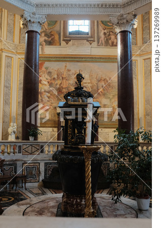 Archbasilica of Saint John Lateran interior Rome golden coffered ceiling marble columns statues ornate chapels baptistery and apse Catholic basilica Italy. High quality photo Archbasilica of Saint John Lateran interior Rome golden coffered ceiling marble columns statues ornate chapels baptistery and apse Catholic basilica Italy. High quality photo 137269989