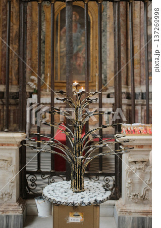 Archbasilica of Saint John Lateran interior Rome golden coffered ceiling marble columns statues ornate chapels baptistery and apse Catholic basilica Italy. High quality photo Archbasilica of Saint John Lateran interior Rome golden coffered ceiling marble columns statues ornate chapels baptistery and apse Catholic basilica Italy. High quality photo 137269998