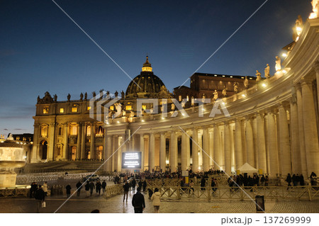 St Peters Basilica facade at night Vatican City Rome Christmas season lights. High quality photo 137269999
