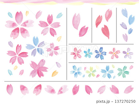 水彩手描きの桜のカラフルなあしらいパーツセット 水彩手描きの桜のカラフルなあしらいパーツセット 137270250