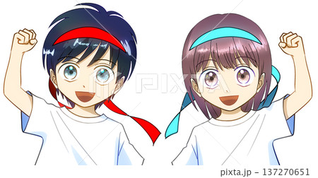 運動会、カラーハチマキをつけて笑顔でガッツポーズをする男の子と女の子のアニメ風イラスト、白バック 運動会、カラーハチマキをつけて笑顔でガッツポーズをする男の子と女の子のアニメ風イラスト、白バック 137270651