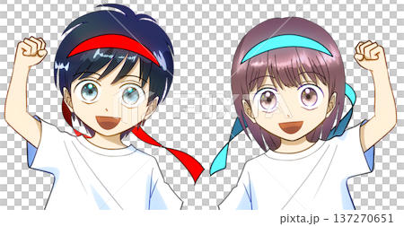 運動會，動漫風格插畫，男孩和女孩戴著彩色髮帶，面帶微笑，擺出擊拳慶祝的姿勢，白色背景 137270651
