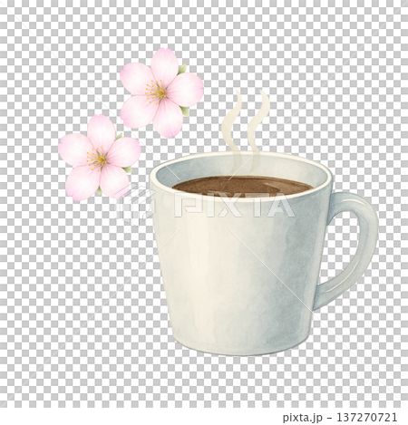咖啡與櫻花水彩插畫，春日咖啡館時光，自然材質 137270721