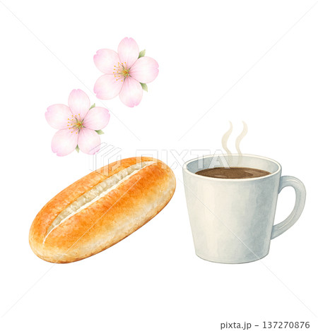 コーヒーとパンと桜 水彩イラスト 春のカフェモーニング 朝食素材 137270876