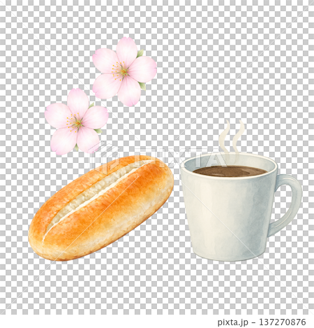 コーヒーとパンと桜 水彩イラスト 春のカフェモーニング 朝食素材 137270876