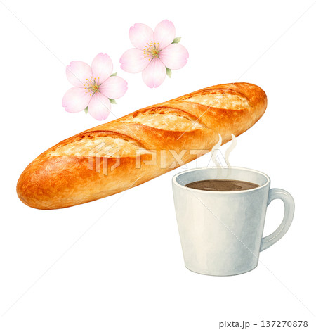 コーヒーとパンと桜 水彩イラスト 春のカフェモーニング 朝食素材 137270878