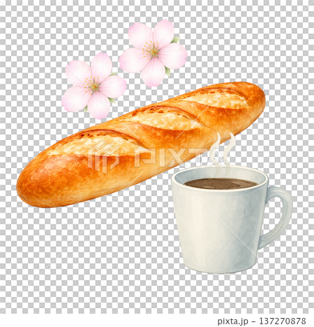 コーヒーとパンと桜 水彩イラスト 春のカフェモーニング 朝食素材 137270878