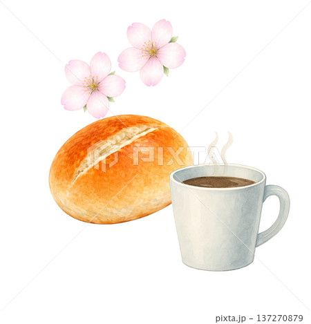 コーヒーとパンと桜 水彩イラスト 春のカフェモーニング 朝食素材 137270879