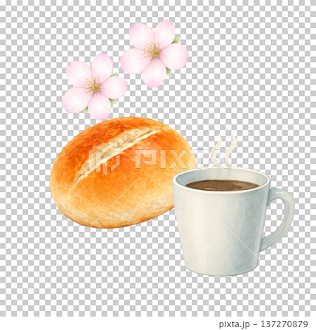 コーヒーとパンと桜 水彩イラスト 春のカフェモーニング 朝食素材 137270879
