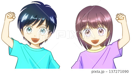 夏服を着て笑顔でガッツポーズをする男の子と女の子のアニメ風イラスト、白バック 137271090