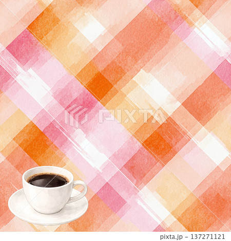 オレンジ幾何学背景とコーヒー 水彩イラスト カフェ背景素材 オレンジ幾何学背景とコーヒー 水彩イラスト カフェ背景素材 137271121