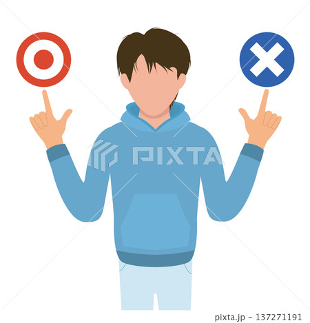 まるばつ札で悩む若い男性 137271191