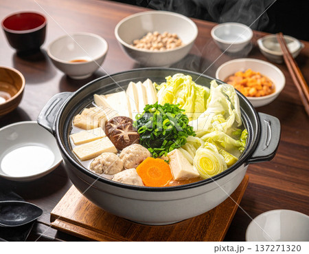 具だくさんの鍋料理と野菜　温かい家庭料理 137271320