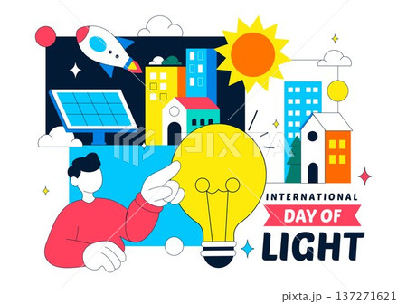International Day Of Light Vector Illustration Featuring Light Bulb Solar Energy Cityscape And Rocket For Science Innovation Celebration Background 137271621