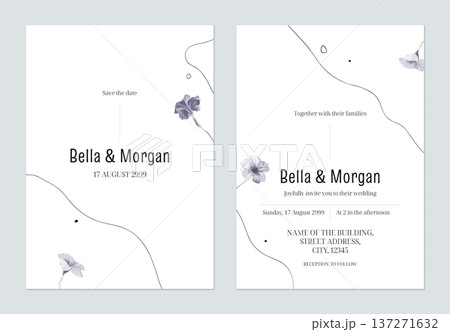 Minimalist floral wedding invitation card template, ruellia tuberosa flowers and line on white Minimalist floral wedding invitation card template, ruellia tuberosa flowers and line on white 137271632