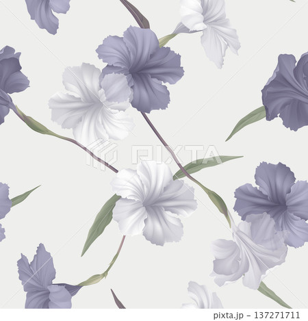 Floral seamless pattern, ruellia tuberosa flowers and leaves on grey Floral seamless pattern, ruellia tuberosa flowers and leaves on grey 137271711