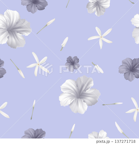 Floral seamless pattern, white and purple ruellia tuberosa flowers and on purple 137271718
