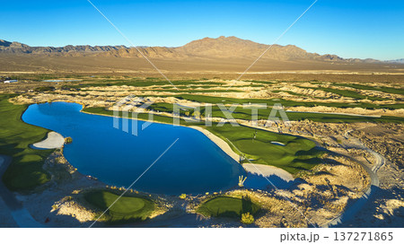 Aerial Las Vegas Golf Course Water Feature and Desert Landscape at Golden Hour Aerial Las Vegas Golf Course Water Feature and Desert Landscape at Golden Hour 137271865