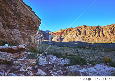 Rock Climber on Sandstone Cliffs Red Rock Canyon Nevada Desert Landscape Rock Climber on Sandstone Cliffs Red Rock Canyon Nevada Desert Landscape 137271871