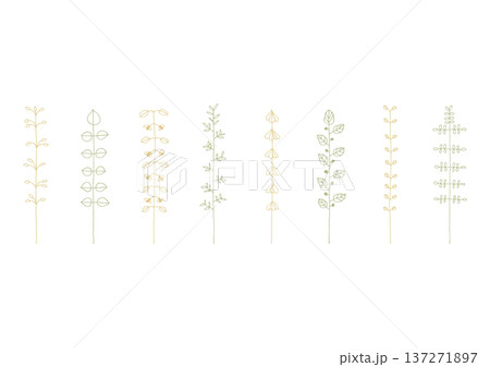 マメやカタバミ等の植物をイメージした手描きの線画イラストセット2（黄色と緑） 137271897