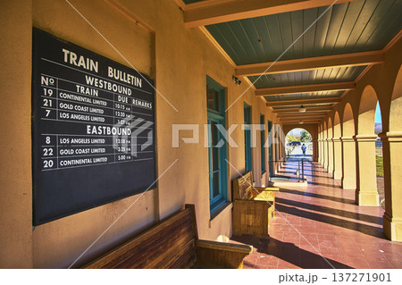 Kelso Visitors Center Train Bulletin Board and Sunlit Arched Walkway Mojave Kelso Visitors Center Train Bulletin Board and Sunlit Arched Walkway Mojave 137271901