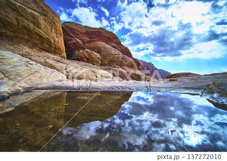 Red Rock Canyon Calico Sandstone Mountain and Sky Reflection in Water Puddle Red Rock Canyon Calico Sandstone Mountain and Sky Reflection in Water Puddle 137272010
