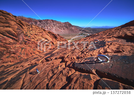 Rock Climbing Anchors on Red Sandstone at Red Rock Canyon Nevada Outdoor Adventure 137272038