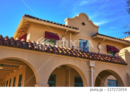Kelso Visitors Center Spanish Revival Architecture with Arches and Tile Roof in Sunlight 137272059