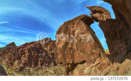 Panorama Red Rock Arch and Desert Landscape in Bowl of Fire Nevada 137272076