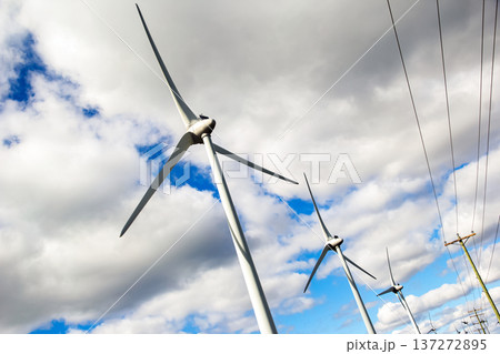 Windmills and power lines in the background of blue sky. Windmills and power lines in the background of blue sky. 137272895