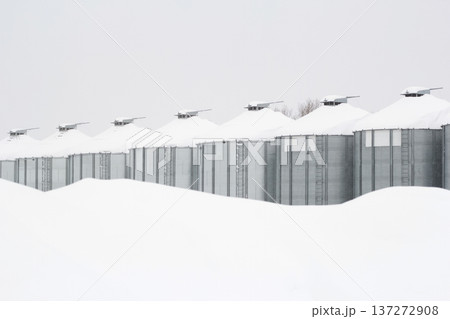 Monochrome of steel grain bins covered with snow after snowfall. 137272908