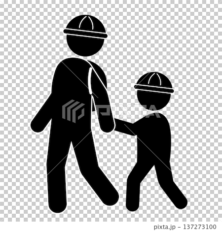 ヘルメットをかぶって避難する親子のピクトグラム 137273100
