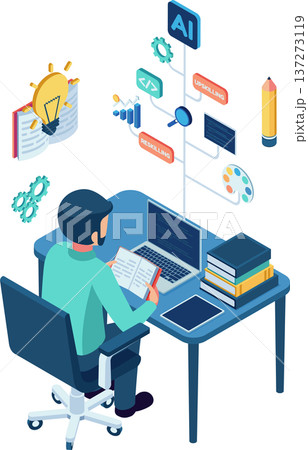 Isometric Person Learning at Desk with Skill Tree Isometric Person Learning at Desk with Skill Tree 137273119