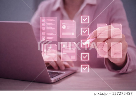 AI generated professional managing virtual task board with checkmarks and documents on laptop representing digital workflow tracking project management and business productivity 137273457