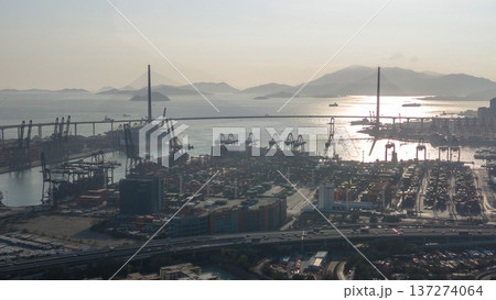 Kwai Chung Container Terminal Overlooking Stonecutters Bridge At Sunset Feb 16 2026 137274064