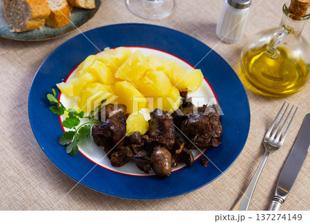 Chicken liver and heart served with potatoes 137274149
