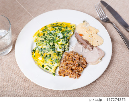 Pork with buckwheat and omelette for breakfast Pork with buckwheat and omelette for breakfast 137274273