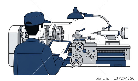 旋盤とタブレットで作業を効率化する技術者 137274356