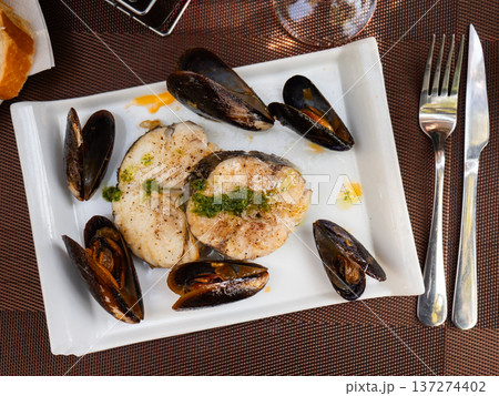 Hake medallions with mussels seafood platter 137274402