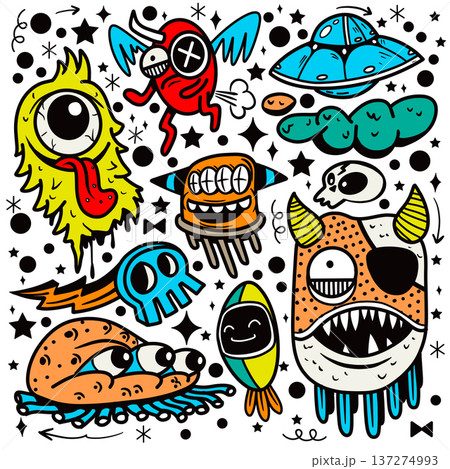 Hand drawn cartoon monster, alien, skull, and rocket with playful doodle style and vibrant color Hand drawn cartoon monster, alien, skull, and rocket with playful doodle style and vibrant color 137274993