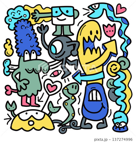 Hand drawn cartoon doodle with colorful abstract character and playful emotion 137274996
