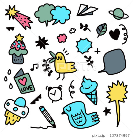 Hand drawn doodle set with cupcake, bird, ice cream, speech bubble, and cloud in playful style 137274997