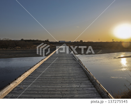 夕陽に消える道。黄金に輝く木造の流れ橋 137275545