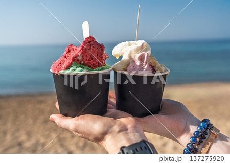 Delicious Gelato Delight on a Beach A Taste of Summer Bliss by the Sea, Refreshing Treat 137275920