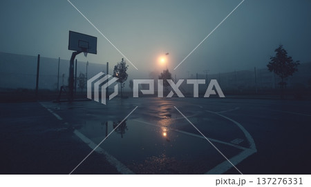 霧の早朝に佇む屋外バスケットコートの情景 霧の早朝に佇む屋外バスケットコートの情景 137276331