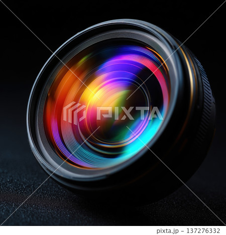 虹色に光るカメラレンズのマクロクローズアップ 137276332