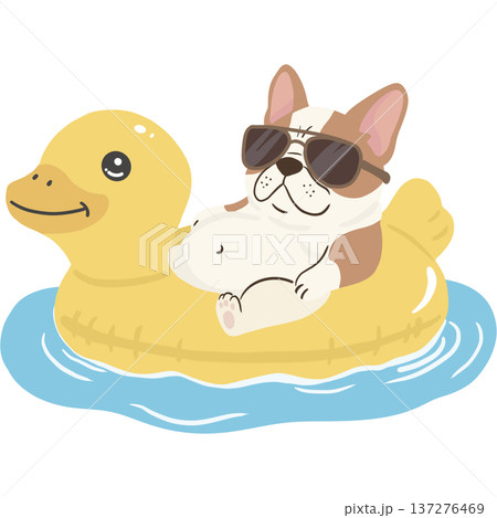 A relaxed French bulldog wearing sunglasses while lounging on a yellow duck float in the water. 137276469